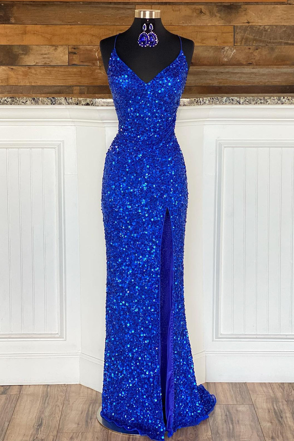 Weitese Sheath Spaghetti Straps Royal Blue Sequins Long Prom Dress with Silt